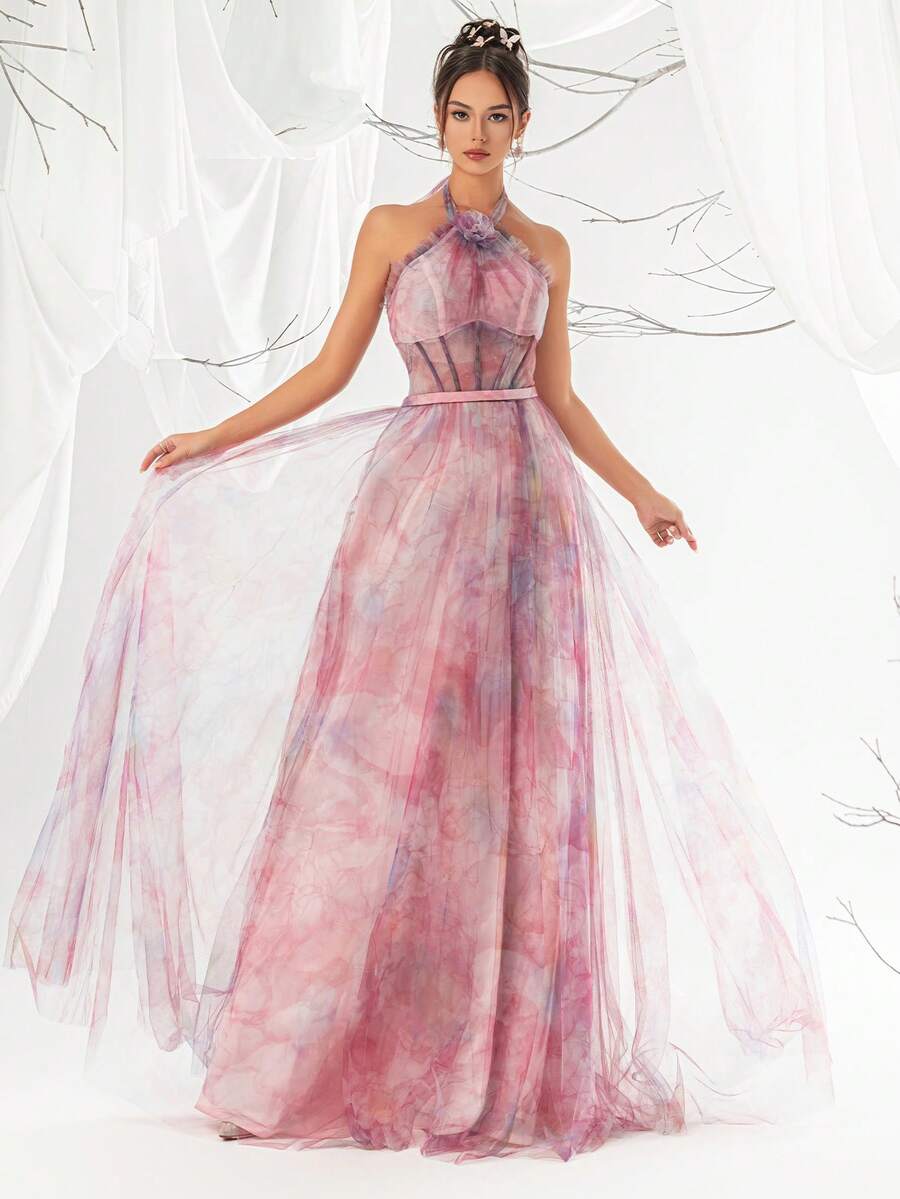 Váy dạ hội hở lưng lưới in họa tiết VIPGIRL thanh lịch dành cho nữ - Bụi hồng - Xem 1