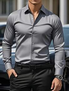 Kit Of 2 Men's Long-Sleeved Plus-Size Shirts, Solid Color, Business Casual Style, Comfortable And Breathable. - đen/xám - Xem 5