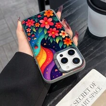 Colorful Silver Apple Phone CaseColorful Flowers And A Butterfly Against A Starry Rainbow BackgroundCompatible With  11 To  17 Models The Cases Lens Protection Function Ensures The Camera Remains Undamaged During Shooting  Guaranteeing Image Quality - Negro - Ver 3