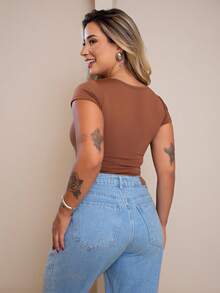 Women's Basic Short-Sleeve Baby Look T-Shirt, Versatile, No See-Through, Stretchy Fabric, Shaping, Casual Fashion, Blogger Style, Affordable - 米色-可可色-黑色 - 查看 5