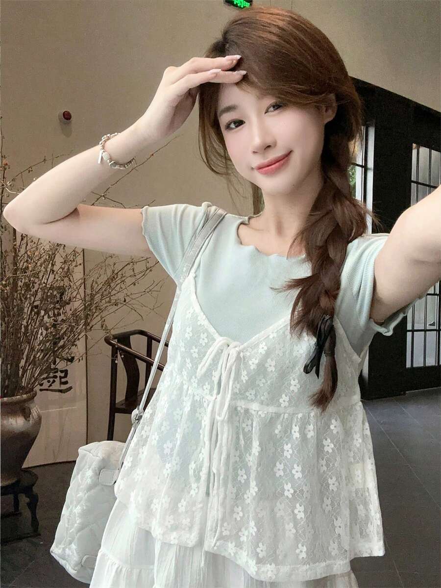 分层蕾丝荷叶边吊带背心 - 白色 - 查看 1