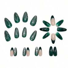 24Pcs Cool-Tone Green Press On Nails, 3D Wavy French Tip Cat-Eye False Nails - Reusable Wearable Glue-On Artificial Nails, No Damage Removable Manicure Tips,  Chic Ready-To-Wear For Women Fashion Party Daily Casual Beauty Accessories - 綠色 - 查看 6
