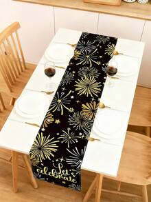 1pc Happy New Year Party Black & Gold Table Runner, 11.8*70.8in, Durable Polyester Rectangular Tablecloth Decor, Firework Pattern, Festive & Elegant Holiday Style, New Year Party Decoration, No Electricity Needed, Home Table Decor, Winter Restaurant Party Decor, Multipurpose Retro New Year Decoration