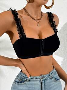 前扣式女士蕾丝肩带拼接舒适文胸 - 黑色 - 查看 3