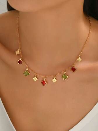 1pc Fashionable & Elegant Multi-Color Shrimp Pinch, Four-Leaf Flower, Square, Round Pendant Necklace For Women, Suitable For Party, Celebration, Vacation, Daily Wear. Some Pendants Are Hand-Painted Oil Drop, Minor Flaws Are Unavoidable, Please Purchase With Confidence.