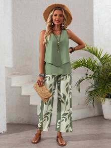 Ensemble décontracté élégant pour femme en 2 pièces, top asymétrique à encolure carrée assorti à un pantalon large à imprimé feuilles, tenue en tissu non extensible