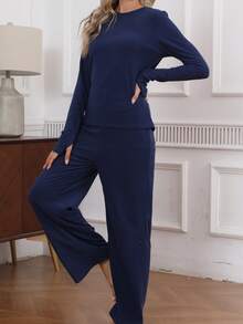 2件套女士牛奶丝睡衣套装，柔软舒适弹力睡衣，春/秋/冬款 - 藏蓝色 - 查看 2