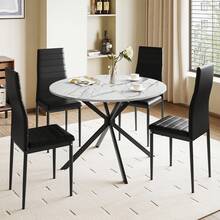 White Round Table + 4 Black Striped Chairs