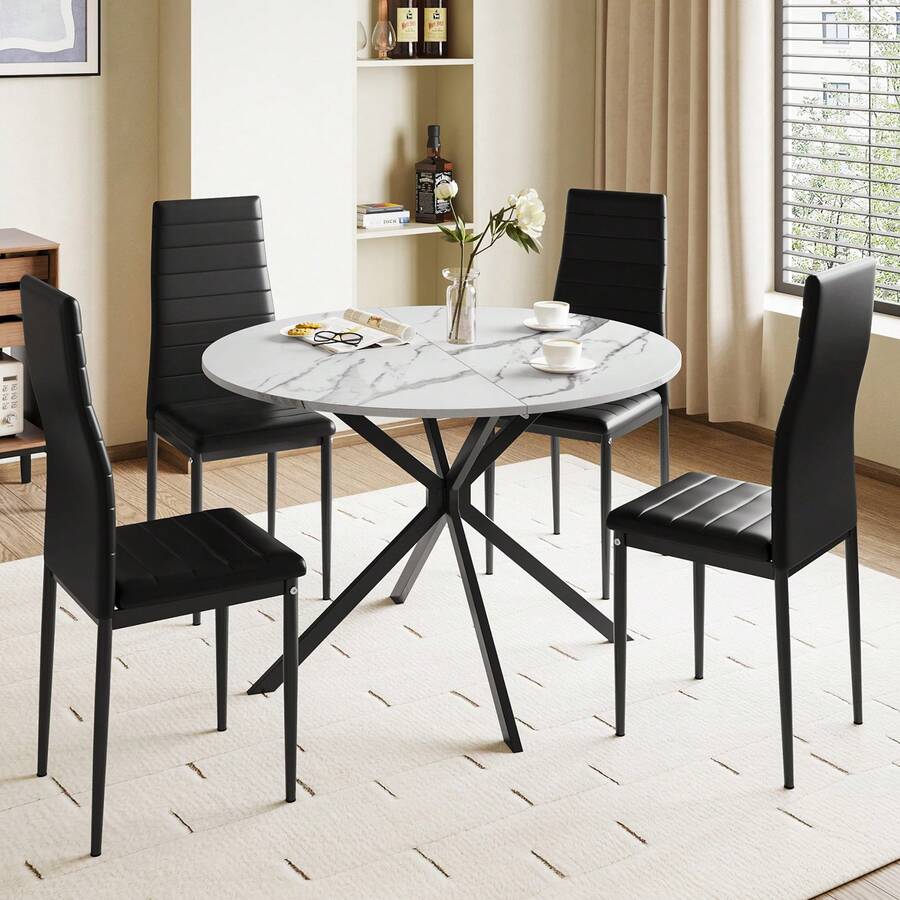 Dining Table And Chairs Set Of 2/4, Folding Round Dining Table With 2 PU Leather Chairs For Dining Room,Kitchen,Living Room - 白圓桌+4黑橫線椅 - View 1
