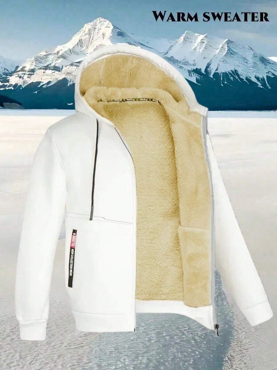 1pc Men's Long Sleeve Thermal Lined Zip-Up Hooded Jacket, Casual And Versatile Thermal Lined Jacket, Fall/Winter - White - View 1