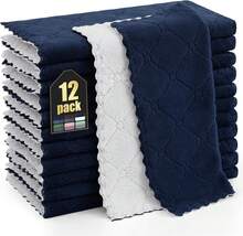 12 Pack Kitchen Dish Cloths (10 X 10 Inches, Cream Yellow), Super Soft And Absorbent Coral Velvet Dish Towels, Nonstick Oil Fast Drying Microfiber Cleaning Cloth, No Lint Household Dishcloths, 2025 - 海軍藍和白色 - 查看 8