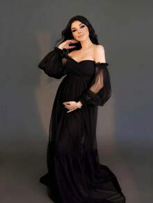 Maternity Lantern Sleeves Dress Sexy Tulle Flounce Hem Gown For Baby Shower Photoshoot, Party Outfits - Black - View 7