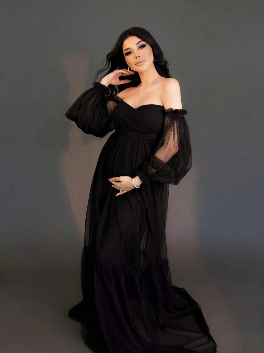 Maternity Lantern Sleeve Dress, Sexy Sheer Ruffle Hem Gown, Suitable For Baby Shower, Party, Photo Shoot - Black - View 1