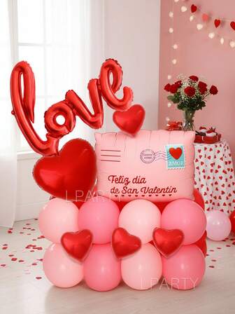 28pcs/Set Valentine's Day Party Decorations, Huge Red Connected Love Slogan Foil Balloons, Pink Love Letter Shaped Balloons (Spanish Version), 18" & 10" Red Heart Shaped Foil Balloons, 10" Macaron Pink/Magenta/Red Latex Balloons, Suitable For Valentine's Day, Family Day, Engagement, Proposal, Home Decor, Galentine's, Yay, Engaged, San Valentine, Confession, Romantic Atmosphere Decorations
