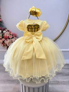 Vestido Infantil Amarelo C/ Apliques de Flores e Renda Luxo