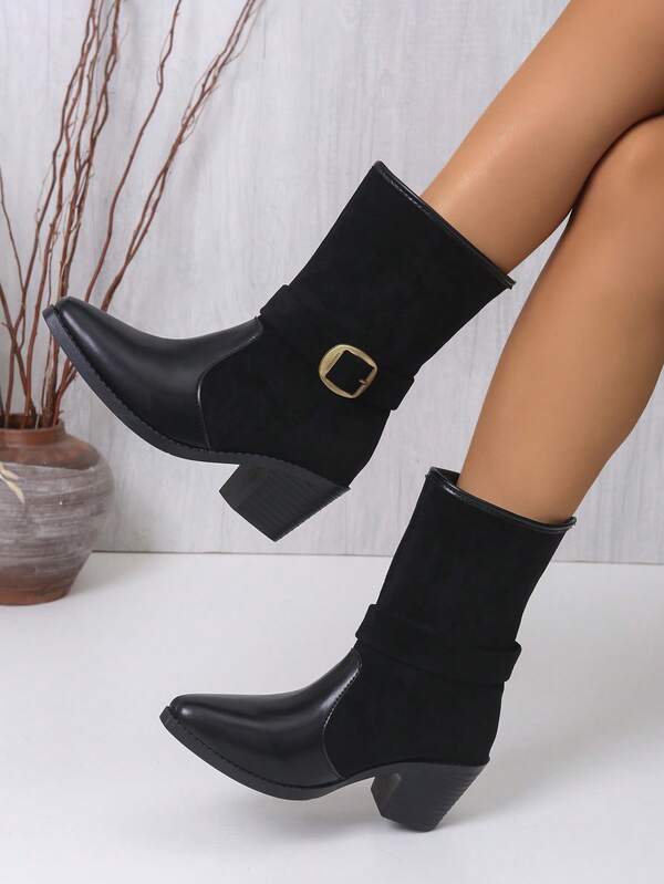 2025 Damen Neue Plateau Absatz Stiefel bis zur Mitte des Wades, modisch sexy, Wildleder Patchwork Design, minimalistisch, geeignet für täglichen Tragen und Partyoutfit, Schwarz, Kaffeebraun Plateau Absatz Damen Stiefel bis zur Mitte des Wades