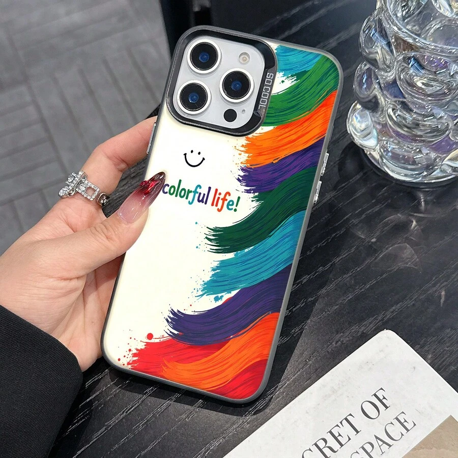 Colorful Silver Apple Phone CaseColorful Life With A FaceCompatible With 11 To 17 Models The Cases Lens Protection Function Ensures The Camera Remains Undamaged During Shooting Guaranteeing Image Quality - Black - View 1