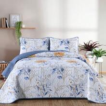 3Pcs Navy Blue Leaf Queen King Double Bedspread Coverlet Bedding Sets (1 Quilt + 2 Pillow Cases), Botanical Leaves Printed Bedspread Bedding Set, Microfiber Floral Coverlet Bedding Set For Wedding Items, Valentines Day Home Bed Room Decor, Mothers Day Gift, All Season - 藏蓝色 - 查看 3