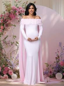 JustVH Maternity Floral Off-Shoulder Dress For Baby Shower, Long Sleeves Mesh Cloak Maxi Women Outfit Photoshoot Prop - 粉色 - 查看 3