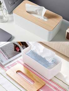 Caja de pañuelos rectangular de plástico moderno con tapa de madera natural, caja de almacenamiento creativa para el hogar y la oficina - Multicolor - Ver 6