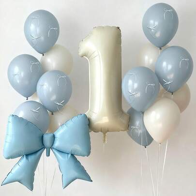 Bộ 18 bóng bay nơ xanh, bóng bay số 0-9 màu kem 40 inch, ruy băng nơ trắng tự làm, bóng bay cao su xanh và trắng băng giá (bao gồm ruy băng bóng bay, chấm keo) thích hợp cho tiệc sinh nhật, trang trí phòng