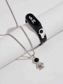 Teen' M3 Space Black Astronaut Electronic Watch + Space Boy Necklace Set