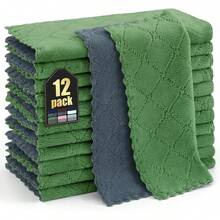 12 Pack Kitchen Dish Cloths (10 X 10 Inches, Cream Yellow), Super Soft And Absorbent Coral Velvet Dish Towels, Nonstick Oil Fast Drying Microfiber Cleaning Cloth, No Lint Household Dishcloths, 2025 - Xám đậm và Xanh cỏ - Xem 1