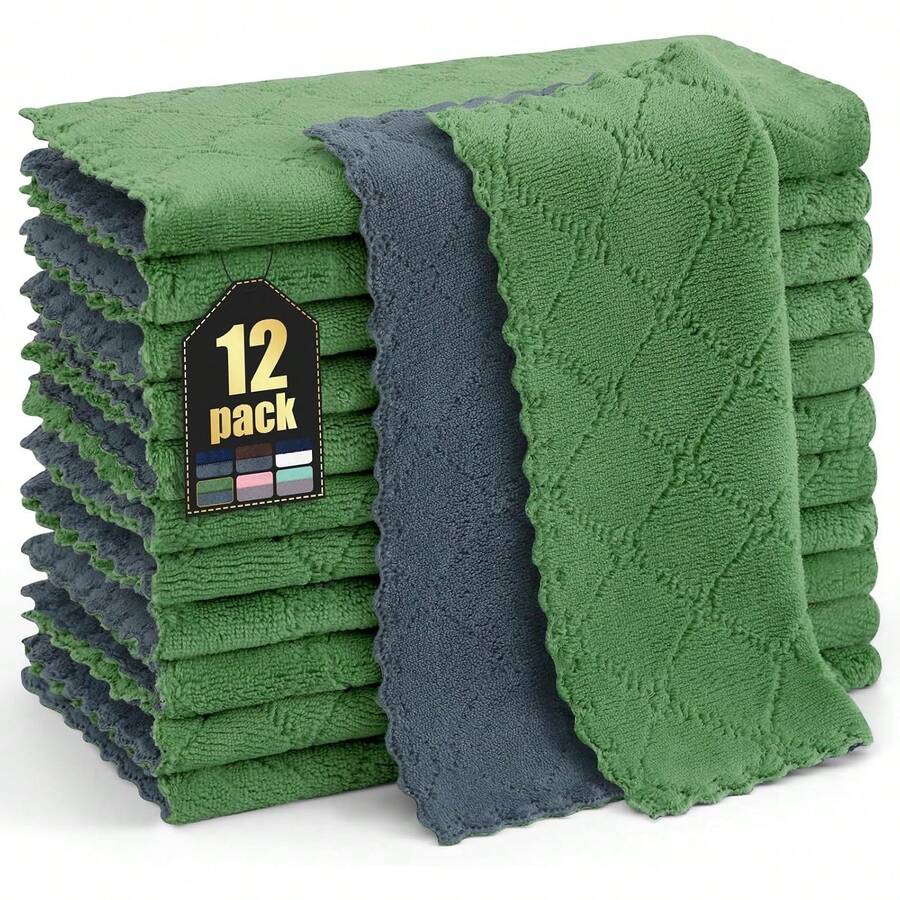 12 Pack Kitchen Dish Cloths (10 X 10 Inches, Cream Yellow), Super Soft And Absorbent Coral Velvet Dish Towels, Nonstick Oil Fast Drying Microfiber Cleaning Cloth, No Lint Household Dishcloths, 2025 - Xám đậm và Xanh cỏ - Xem 1