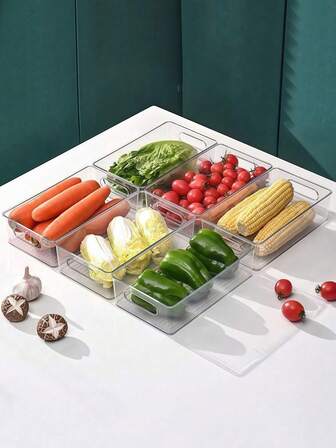 [Genomskinlig|Stapelbar] 6-pack slitstarka polyester genomskinliga stapelbara kylskåpsorganiseringsbehållare | Multifunktionella matförvaringsbehållare för kyl, frys, skafferi | Perfekt för frukt, grönsaker, kött, lätt att rengöra, kylskåpsförvaringslådor och behållare