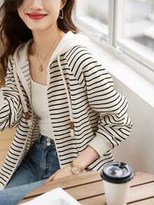 YUXIN Fashionable Striped Full Zip Hoodie Jacket - Casual Long Sleeve Outerwear, Women's Fashion Apparel, Soft Lining, Adjustable Drawstring, Spring/Autumn Vacation Style Jacket - Apricot - View 5