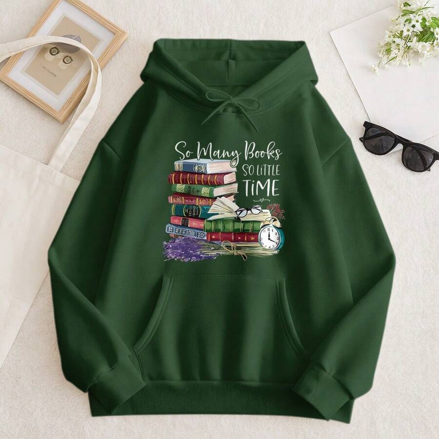 Printed Hoodie | "So Many Books, So Little Time" Vintage - Dark Green - View 1