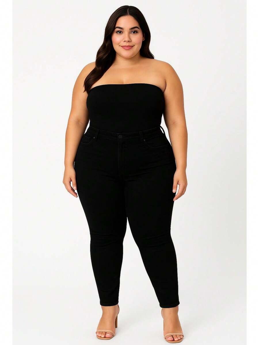 Pantalones Jeans Vaqueros de Mujer Largos Ajustados Strech de Talla Grande con Bolsillos Boton y Cremallera Informal Casual para Uso Diario Sexy Curvy Moda - Negro - Ver 1