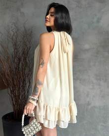 Sleeveless Short Chiffon Dress With High Neck, Ruffled Hem, And Lining - Elegant, Luxurious Party Dress - OFF - View 2