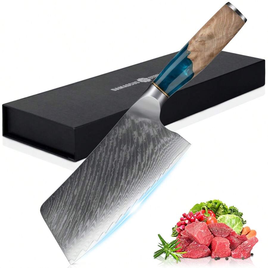 SSGP Cuchillo de carnicero,Cuchillo Chef Acero Damasco,cuchillos de cocina,Cuchillo de acero inoxidable de alto carbono para carne y verduras,forjado de alto carbono,cocina,comedor,exterior - Azul - Ver 1