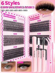 Estuche de 4 piezas para pestañas: Libro de pestañas, cepillo de pestañas, pinzas, pegamento, pestañas postizas de visón falso 30D/40D/50D/60D/80D/100D, rizado D, longitud mixta 8-16mm, 600 racimos/caja, naturales y esponjosas, con escualeno vegetal, reutilizables, adecuado para principiantes en extensión de pestañas DIY - Negro - Ver 13