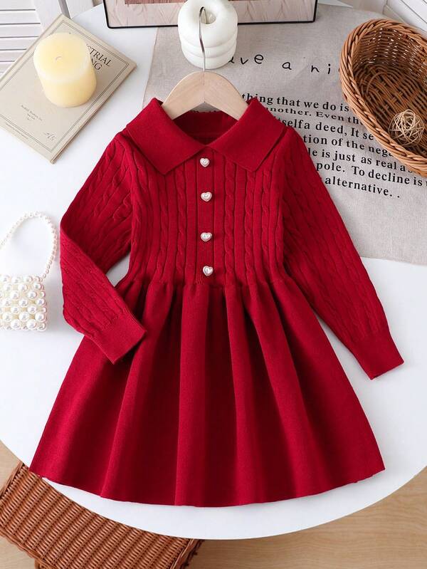 1pc Girl's Knitted Dress, Gray Collegiate Style Twist Rope Elastic Collar, Fashionable Mid-Length Dress With Heart Button Decor