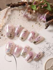 10pcs Purple Flower Halo Acrylic Nail Stickers, Short Fake Nails, Artificial Nail Kit Includes 1 Sheet Of Adhesive Stickers And 1 Mini Nail File. - Multicolor - View 2