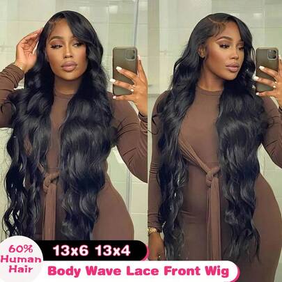 Peruca Frontal de Renda 13x6 com Ondas Corporais, Peruca Frontal de Renda Transparente 13x4 com 60% de Cabelo Humano, Peruca Frontal de Renda de Cabelo Humano Brasileiro Sem Cola com Densidade de 200% e Cabelo de Bebê Pré-Arrancado