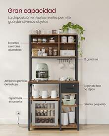 VASAGLE Estantería de Cocina con Multienchufe, Armario de Cocina, 40 x 80 x 180,4 cm, Estante de Microondas, Cajón de Tela, 12 Ganchos, Marrón Rústico y Negro Tinta - Negro - Ver 2