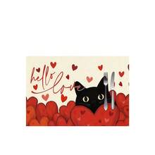 1/4/6件装情人节主题黑猫与“Hello Love”爱心印花装饰餐垫，100%亚麻印花桌垫/咖啡杯垫，可手洗 - 适用于餐桌、餐厅、生日派对装饰、家居装饰 - 彩色 - 查看 15