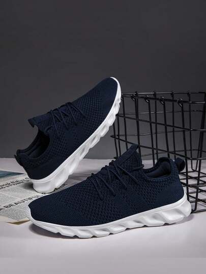 男士公路跑步休闲步行鞋 轻便透气网面运动鞋 户外训练鞋 日常舒适蓝白