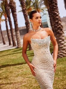 Faeriesty Luxury Strapless Mermaid Evening Gown - Embellished With Fan-Shaped Beads And Sequins, Rhinestone Accents, Tie-Back Open Back - Perfect For Weddings, Formal Galas, Red Carpet Events, And High-End Parties. - Champagne - View 12