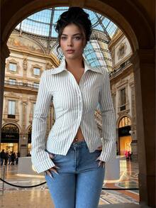 Women's Retro Striped Long Sleeve Single-Breasted Fitted Casual/Work Shirt Suitable For Spring & Autumn Casual Outfits Spring Clothes For University Fall Cloth For Women - Apricot - View 5