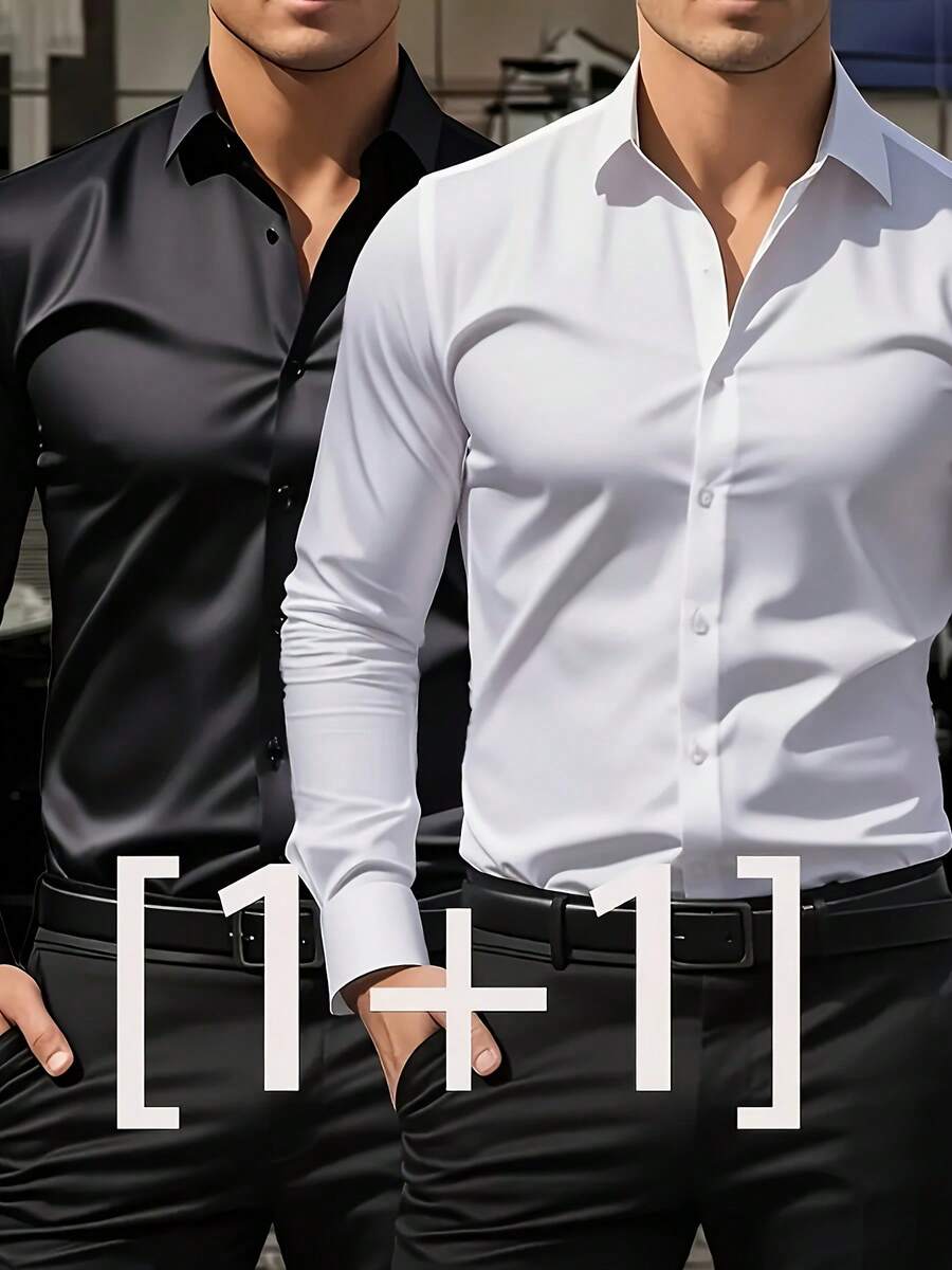 Kit Of 2 Men's Long-Sleeved Plus-Size Shirts, Solid Color, Business Casual Style, Comfortable And Breathable. - Black/white - View 1
