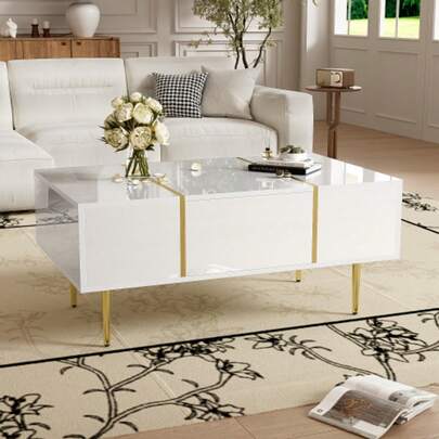 High-Gloss White Coffee Table, Modern And Simple, With 2 Drawers.