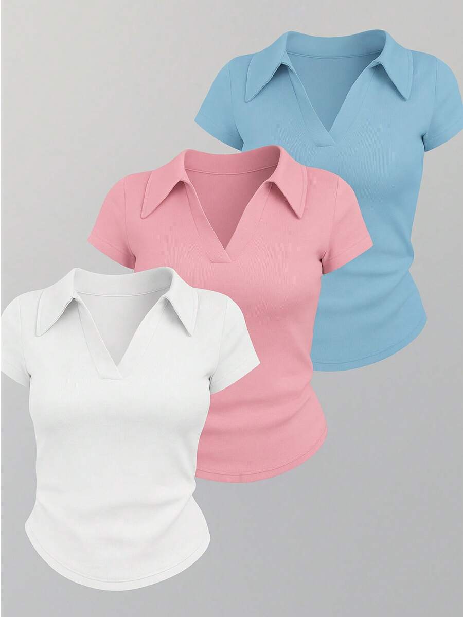 3-Piece Set: Women's Plain Short-Sleeve Polo Shirt, Ribbed Cotton Fabric, Basic Style - APAGADO+AZUL BB+ROSA BB - Ver 1
