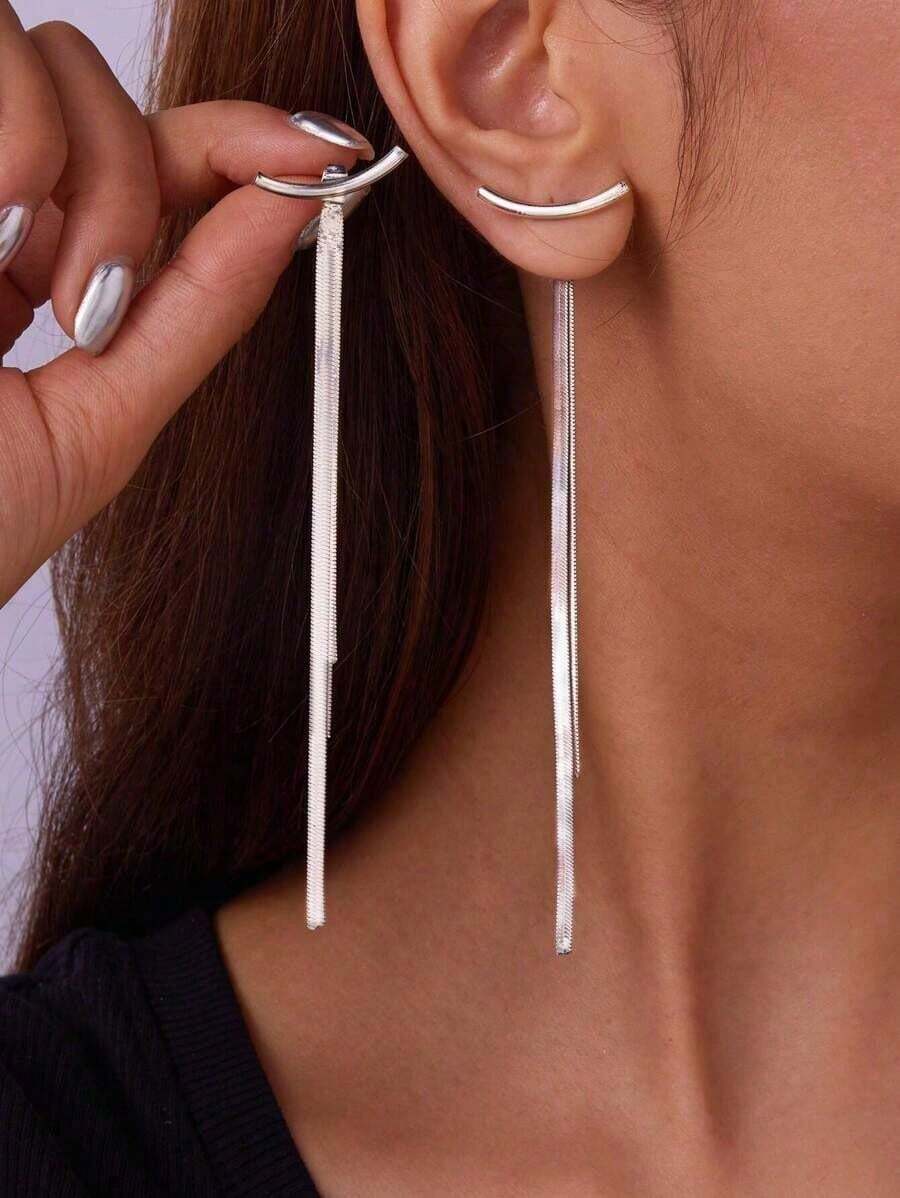 1pair Fashionable Metal Snake Bone Drop Long Dangle Earrings - 銀色 - 查看 1