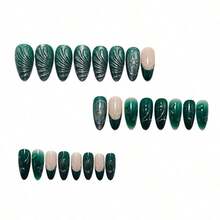 24Pcs Cool-Tone Green Press On Nails, 3D Wavy French Tip Cat-Eye False Nails - Reusable Wearable Glue-On Artificial Nails, No Damage Removable Manicure Tips,  Chic Ready-To-Wear For Women Fashion Party Daily Casual Beauty Accessories - 綠色 - 查看 3