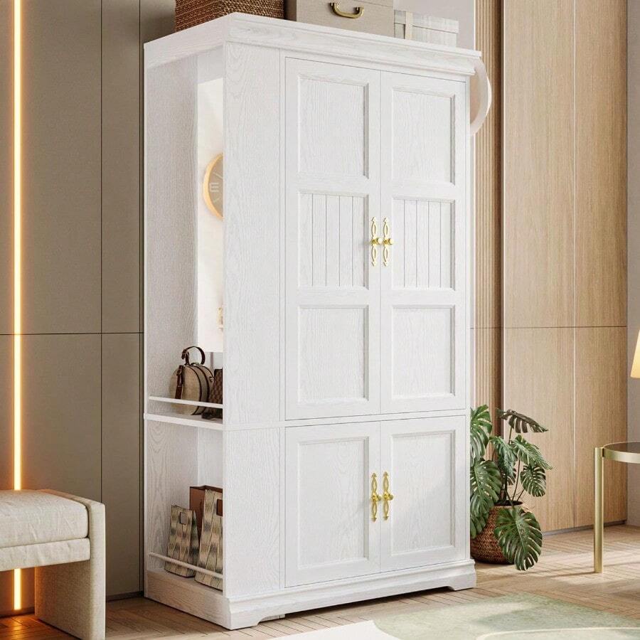 Armoire Wardrobe Closet With Mirror, 70" Wooden Wardrobe Cabinet With 4 Doors, 2 Open Storage Shelves, Freestanding Bedroom Armoire With 3 Hooks & Hanging Rod For Home Room, White - 預設 - 查看 1