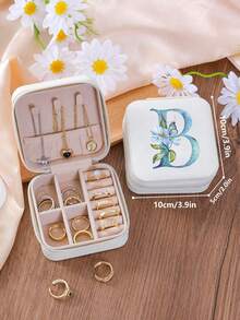 1 Peça Caixa de Joias Portátil com Letra Floral - Forro de Veludo, Caixa de Armazenamento de Mesa, Pode Armazenar Anéis, Brincos, Colares - Leve, Caixa de Joias de Viagem com Zíper, Caixa de Armazenamento de Joias, Caixa de Armazenamento de Maquiagem Portátil Minimalista Clássica com Zíper Quadrada, Caixa de Armazenamento de Acessórios de Joias Criativa Portátil para Brincos, Anéis e Pulseiras - Azul - Visão 5